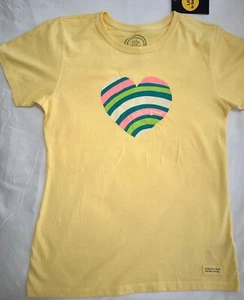 Life is Good T-Shirt Damen Gr. XS gelb m. Regenbogen gestreift Herz 100% Baumwolle Neu mit Etikett - Bild 1 von 6