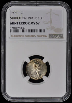 1995 Cent Struck on Dime Mint Error NGC MS67 Double Denomination - Image 1 of 2