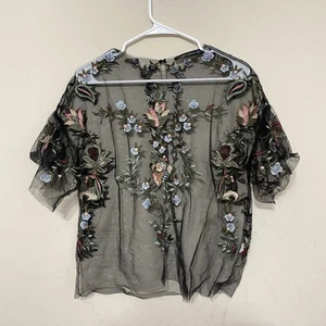 Zara Woman L Top Schwarz Blumen Bestickt Mesh Transparent Kurzarm - Bild 1 von 7