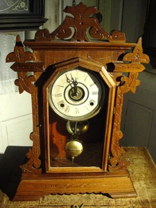 ANTIQUE RARE WM GILBERT 1880'S 8 DAY BLACK WALNUT SHELF CLOCK WORKING WELL - Picture 1 of 8