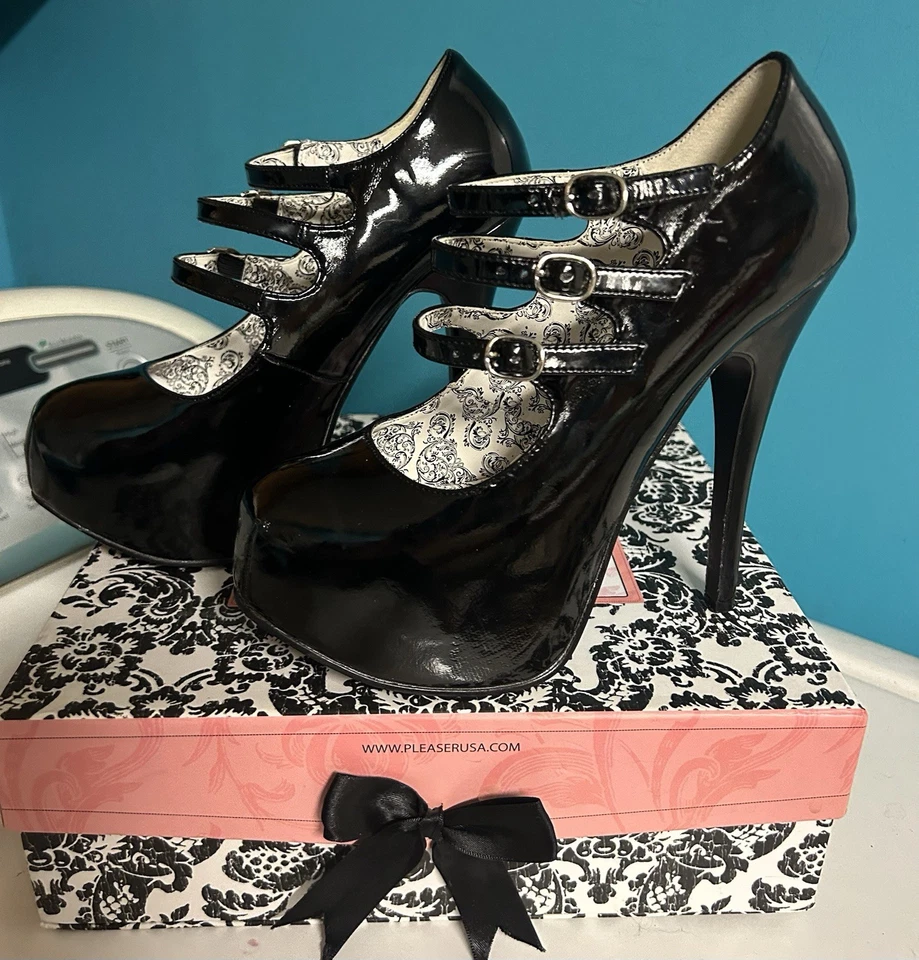 Bordello Black Spiked Platform Pinup Pumps Pleaser 7 Stripper Shiny Retro Mary  - Image 1 of 4