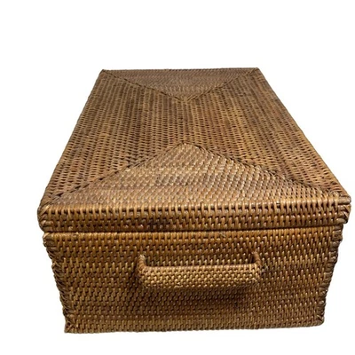 Rattan Lidded Large Handled Rectangle Divided Basket 18X12X7 - Hold Everything - Image 1 of 4