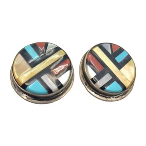  Vintage Zuni Turquoise Coral Onyx Sterling Silver Earrings Wallace - Picture 1 of 7