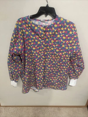 Barco Smiley face long sleeve snap front medical smock, 2 front pocket , S - Image 1 of 4