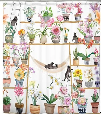 Bohemia Maceta Flor y Gato Negro Cortina de Ducha Baño Decoración 72"x72" Foto 1 de 4