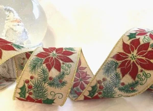 Eleganza CHRISTMAS POINSETTIA Traditional on natural - Luxury Wire Edge Ribbon - Picture 1 of 5