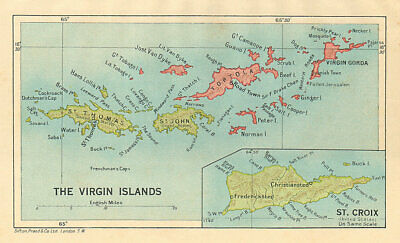 BRITISH/US VIRGIN ISLANDS Tortola Virgin Gorda St Croix St Thomas/John 1935 Map • 41.56$