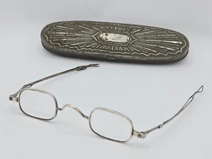 ANTIQUE 1860s CIVIL WAR ERA WIRE RIM SLIDE TEMPLE OBLONG EYEGLASSES + METAL CASE - Picture 1 of 16