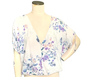 Lovestitch Floral Relaxed Ruched Short Sleeve Button Blouse Sz M #107A - Picture 1 of 9