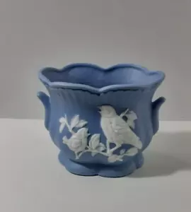Vintage Jasperware Blue Ceramic Posey Pot Vase Bird Scene Made in Japan - Picture 1 of 10