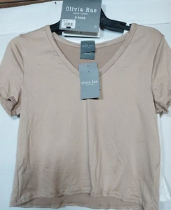 OLIVIA RAE Womens PKG White & TAN Short Length Short Sleeve V Neck T-Shirt M - Picture 1 of 6