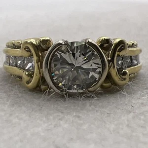 VINTAGE 14K T/Tone Gold Round Solitaire & Princess Diamond Engagement Ring 6.9gr - Picture 1 of 12