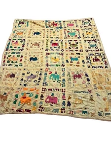 VINTAGE 1970’S FIGURAL INDIAN TEXTIL Suzani Rug Decor COTTON ELEFANTS 90”x75” - Bild 1 von 11