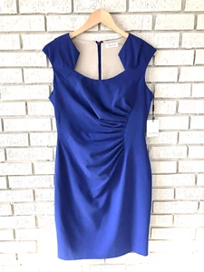 NEW CALVIN KLEIN Womens Dress Blue Gathered Waist Sz 10 Cap Sleeve NWT Knee Lgth - Picture 1 of 6