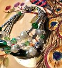 Bracelet perles boho multicouches vert/argent 6-7 pouces fait main USA 302