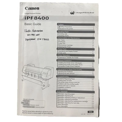 Canon iPF8400 Large Format Printer Basic Guide User Manual In English - Image 1 of 2