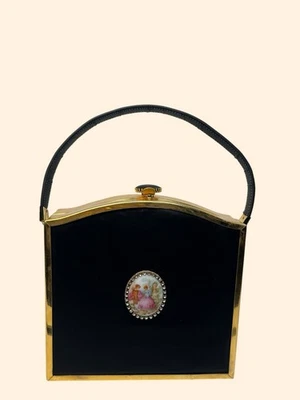 1960s Vintage Black & Gold Box Handbag with Porcelain Cameo Rhinestone Medallion - Image 1 of 4