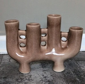 Japanese Mid Century Modern Ikebana Crackled Salt Glazed Vase 4 Spouts Marked - Picture 1 of 16