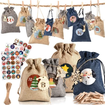 Umweltfreundlicher Adventskalender mit 24 Jute-Säckchen & Zahlensets für Kinder - Bild 1 von 4