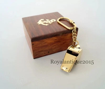 Whistle Key Chain Golden Finish Nautical Gift With Wooden Box Item gifts - Image 1 of 3