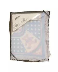 Vintage Riegel Teddy Bear Baby Blanket White Pink Blue USA 37x43" Woven Fringe - Picture 1 of 9
