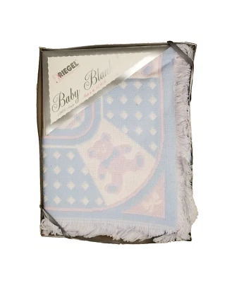 复古 Riegel 泰迪熊婴儿毯白色粉红色蓝色美国 37x43 编织条纹 — 第 1/4 张图片