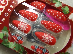 Magic Matte Red Plaid &  Snowflakes Accent Glue on Nail Long - Picture 1 of 3