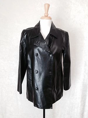 HERMOSA CHAQUETA DE MUJER ELLEN TRACY DE CUERO NEGRO DOBLE BOTONADURA - TALLA 4 - ¡BONITA! Foto 1 de 3