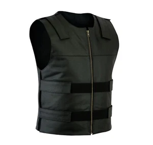 Mens SWAT Bullet Proof Style Biker Leather Vest Motorcycle Club Waistcoat Black - Picture 1 of 6