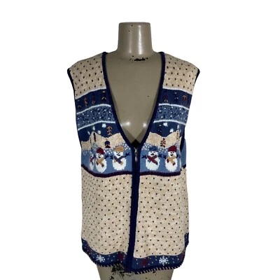 North Crest Womens Sz XL Snowman Knit Zip Up Sweater Vest Festive Winter - Image 1 of 4