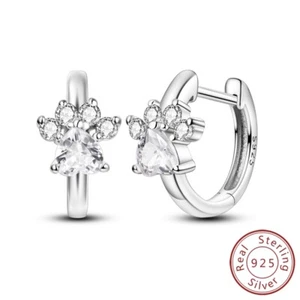 MULA Women Solid 925 Sterling Silver Hoop Earrings AAA CZ Simple Paw Jewelry - Picture 1 of 6
