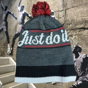 Nike Black Gray Red Pom Pom "Just Do It" Acrylic Knit Beanie Hat Cap OSFM - Picture 1 of 13