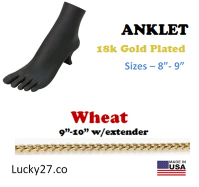 18k Gold Plated Stainless Steel Chain Anklet - WHEAT   8"-9 w/1" extender - Image 1 of 4