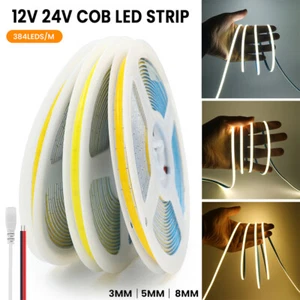 12V 24V COB LED Strip Tape Lights 3mm 5mm 8mm 384LED/m High Density Room Car Bar - Picture 1 of 36