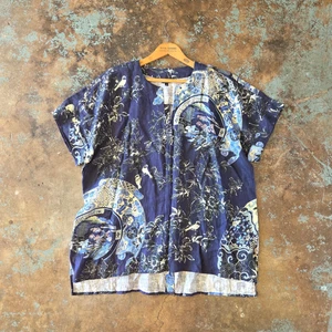Citron Santa Monica Bird Print  Linen Tunic Top Size L Navy Blue Japanese Asian - Picture 1 of 12