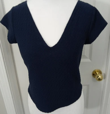 SO Crop Top Juniors L Navy Blue Textured Y2K Youth Stretch V-neck Short Sleeves - Image 1 of 4