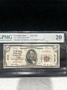 SASA 1929 Okey-Vernon National Bank $5 Corning Iowa Pmg Vf20 Stains - Picture 1 of 2