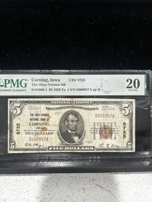 SASA 1929 Okey-Vernon National Bank $5 Corning Iowa Pmg Vf20 Stains - Image 1 of 2