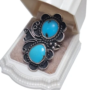 Anillo de nudillos cabujón turquesa azul plata esterlina de colección navajo nativo del suroeste - Imagen 1 de 14