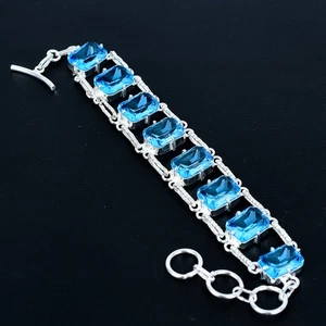London Blue Topaz Cushion Gemstone Gift 925 Sterling Silver Bracelet 7" VJ 1246 - Picture 1 of 5