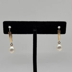 HONORA 14K Yellow Gold White Pearl Leverback Dangle Earrings - Picture 1 of 10