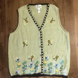 Quacker Factory Sweater Vest LARGE Bumble Bee Floral Garden Button Up VTG - Picture 1 of 10