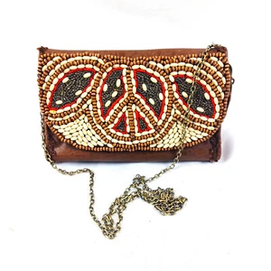 Mary Frances Small Crossbody Pocketbook Brown Leather Beaded Peace Symbol - Picture 1 of 13