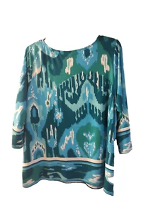 Top tunica Bob Mackie indossabile art 2X taglie forti blu verde manica 3/4 aderente - Foto 1 di 5