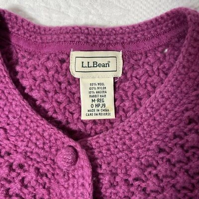 L.L. Bean Size M Wool Angora Sweater Cardigan Berry Popcorn Crew Neck Grannycore - Image 1 of 4