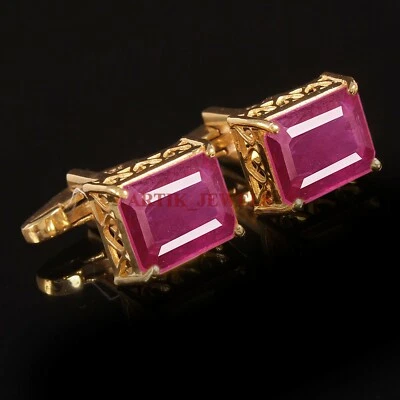 Heated Ruby Gemstone With 18k Gold Plated Silver Cufflink #4190 - Image 1 of 3