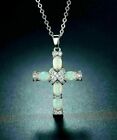 2Ct Oval Lab Created Fire Opal  Cross Pendant 14K White Gold Plated Free Chain