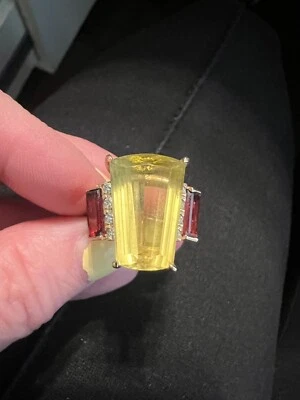 Moda Anillo Oro Amarillo 14 Kara - Cuarzo Limón Acentuado con Granates Rodolita Foto 1 de 4