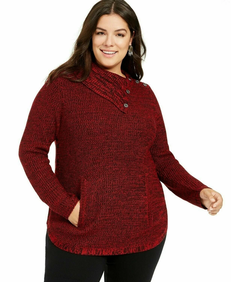 Style & Co Plus Size Marled Envelope Collar Button Trim Womens 1x Red Sweater
