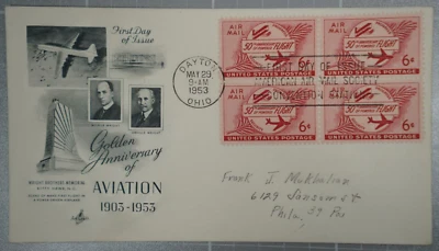 US 1953 FDC, Powered Flight 50th Anniversary, Art Craft, Block of 4 6c - Image 1 of 2